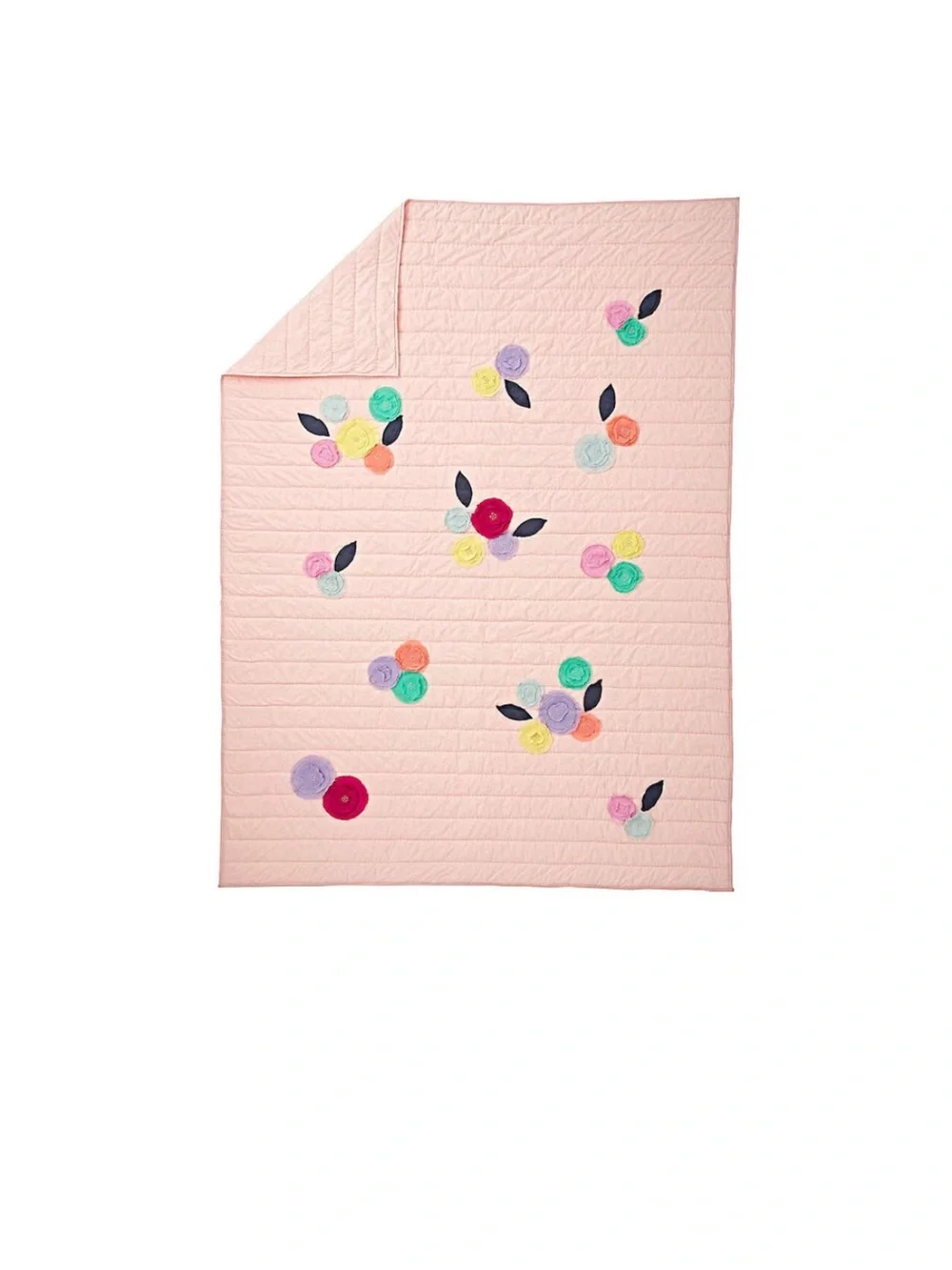 Crate&Barrel Pink Quilted Floral Appliqué Throw with Multicolor Rosettes